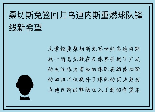 桑切斯免签回归乌迪内斯重燃球队锋线新希望 桑切斯免签回归乌迪内斯重燃球队锋线新希望